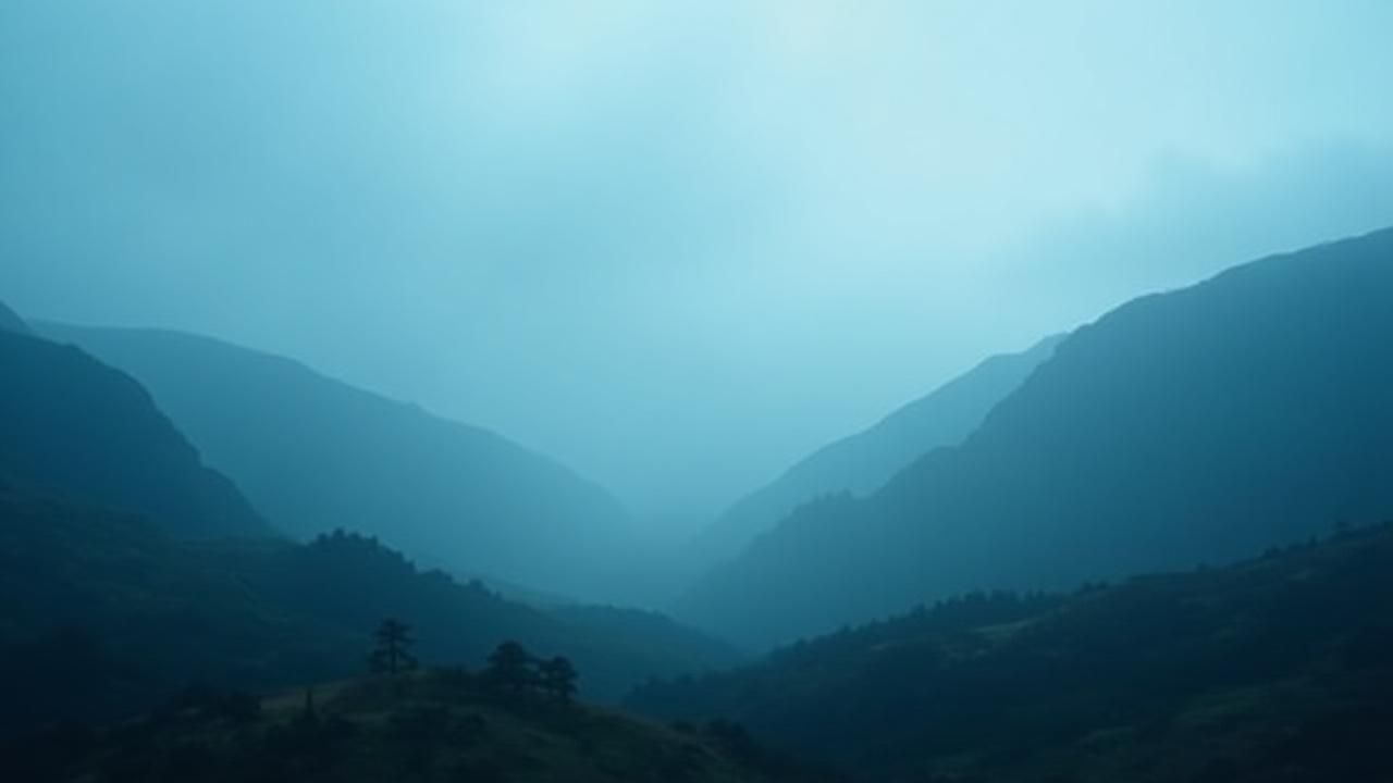 A serene mountain landscape shrouded in mist, representing the depth of philosophical travel