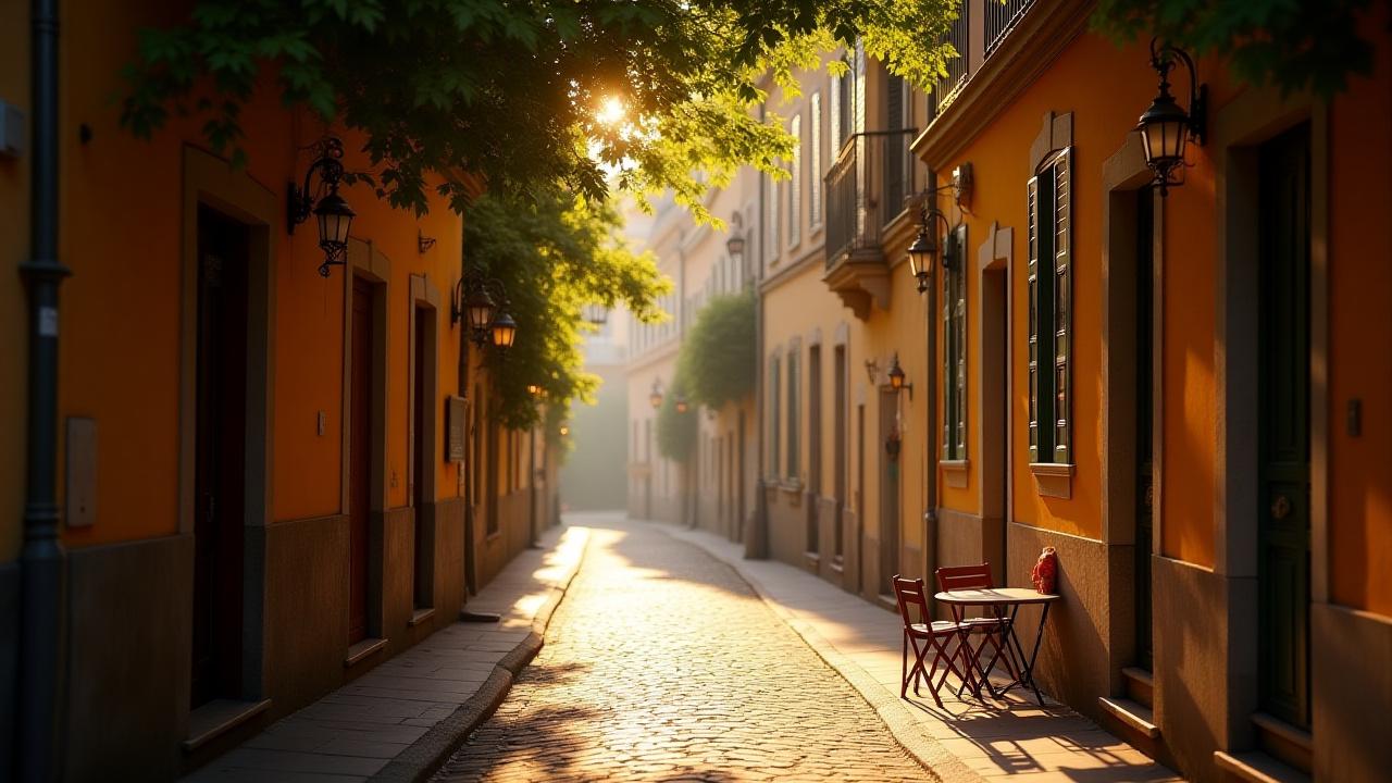 A quiet, sun-dappled European street with a small cafe and cobblestones