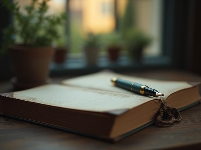 A serene view of an open journal with an old fountain pen on a wooden table in London